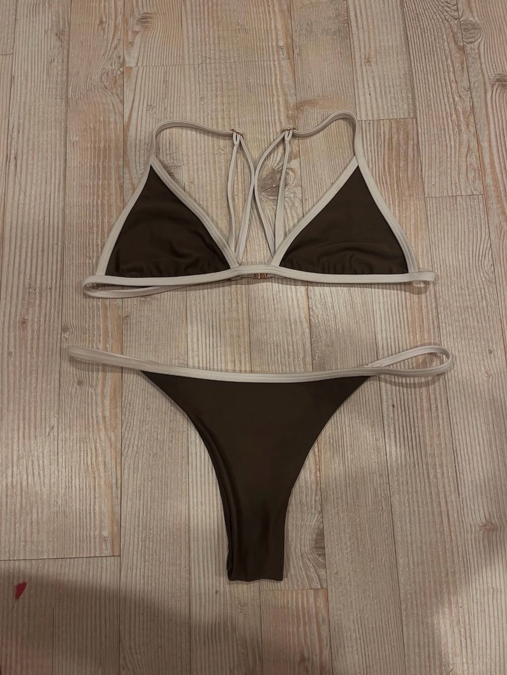 Women’s Triangle Bikini Set in Dark green with Cream Trim